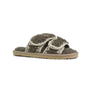 MOU Curly Shearling Brown Slipper Velcro Slide US 8 EUR 39 NEW